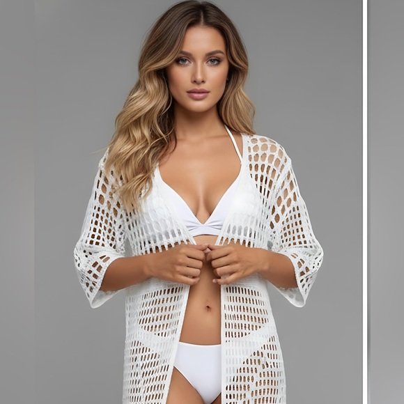 White Long Drop Shoulder Open Knit Bathing Suit Cover Up - Picture 2 of 6